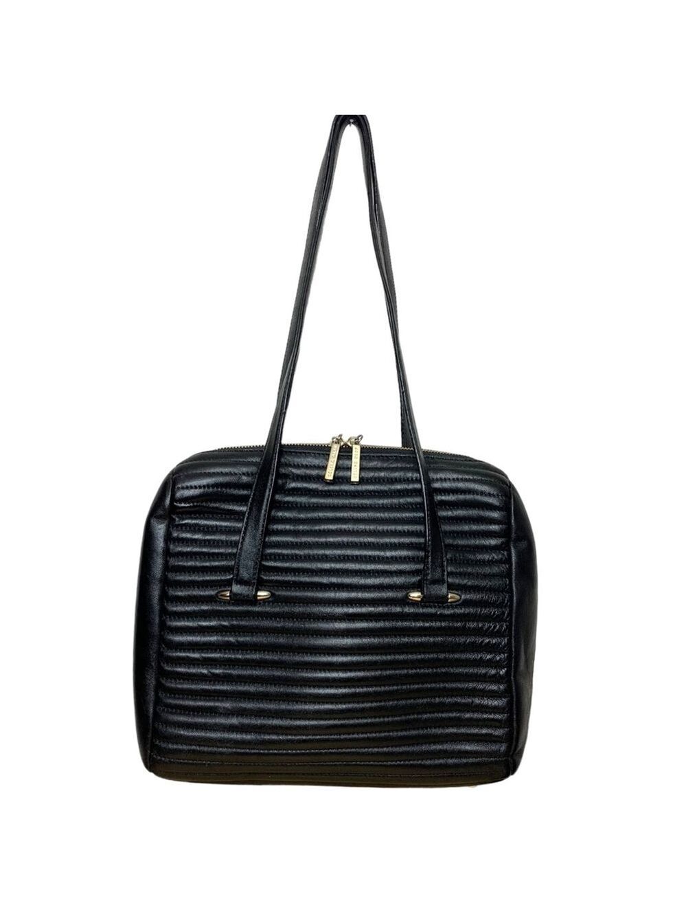 Celine Dion Black Leather Satchel Quilted Double Handles Classic Shoulder Bag